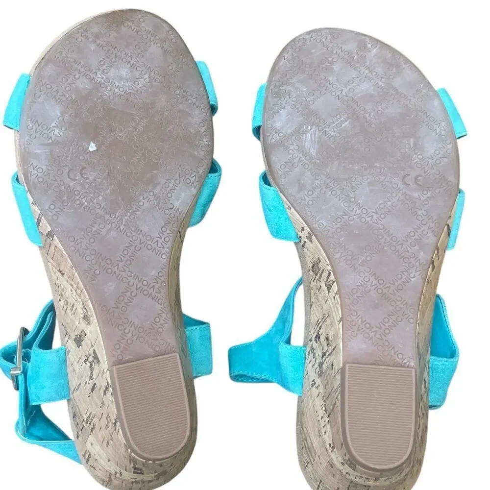 VIONIC Anka Teal Suede Leather Sandal Cork Wedges Size 7